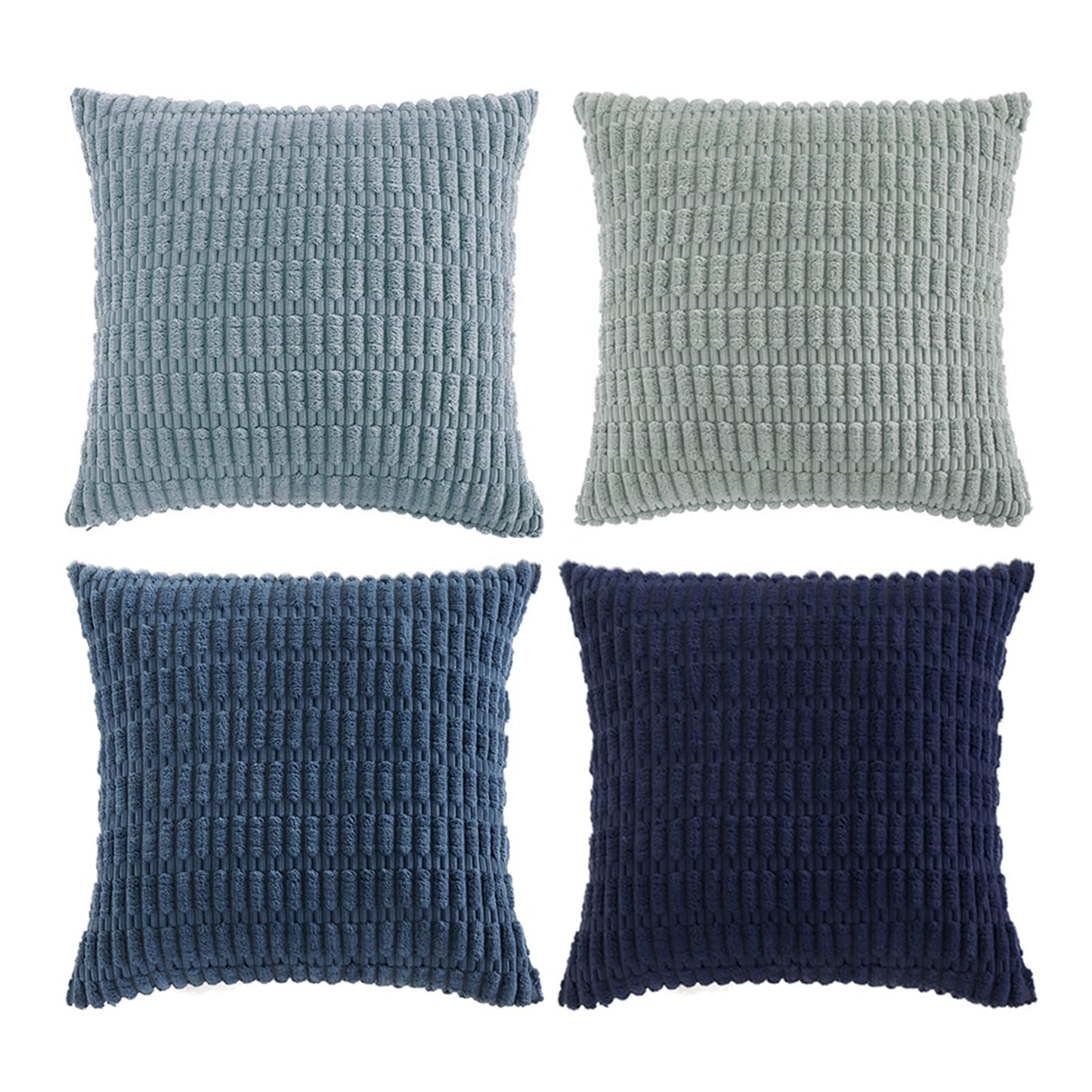 Fancy Homi Set of 4 Blue Decorative Throw Pillow Covers 18x18 Inch for Couch Bed Chair, Modern Farmhouse Boho Room Decor, Soft Fuzzy Corduroy Textured Striped Coastal Blue Cushion Case 45cm