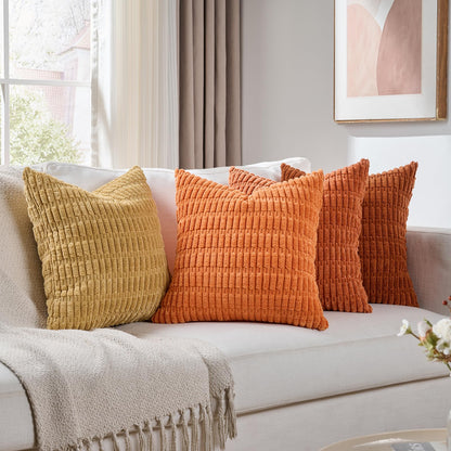 Fancy Homi Set of 4 Burnt Orange Fall Decorative Throw Pillow Covers 18x18 Inch for Couch Bed Chair, Modern Farmhouse Boho Room Decor, Soft Fuzzy Corduroy Textured Striped Cushion Case 45cm