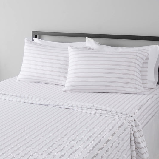 Lightweight Super Soft Easy Care Microfiber 4 Piece Bed Sheet Set with 14-Inch Deep Pockets, Queen, Taupe Stripe, Striped