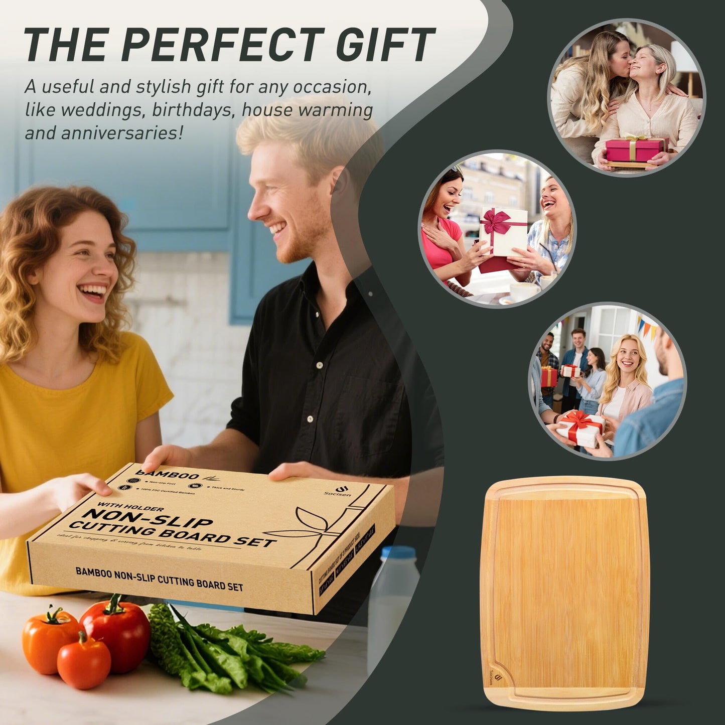 Bamboo Cutting Board Set Non Slip Feet with Holder Over Sink Valentines Gifts ideal