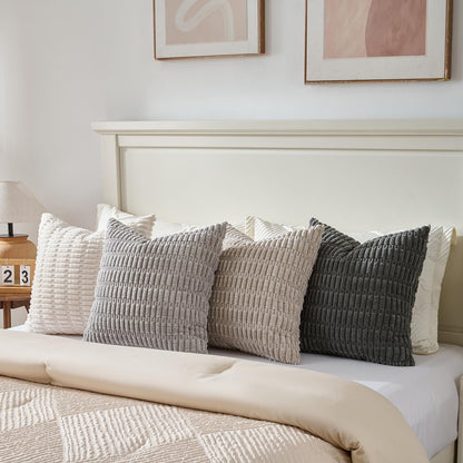 Fancy Homi Set of 4 Grey and White Decorative Throw Pillow Covers 18x18 Inch for Couch Bed Chair, Modern Farmhouse Boho Room Decor, Soft Fuzzy Double Sided Corduroy Textured Striped Cushion Case 45cm