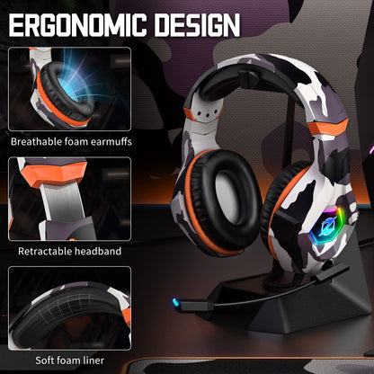 Ozeino Gaming Headset for PC, Ps4, Ps5, Xbox Headset with 7.1 Surround Sound, Gaming Headphones with Noise Cancelling Mic RGB Light Over Ear Headphones for Xbox Series X/S, Switch-Camo