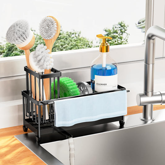 Sponge Holder for Kitchen Sink with Towel Rack, Sink Caddy with Kitchen High Brush Holder, Organzier Rustproof 304 Stainless Steel Dish Organizer Divider, Soap Dispenser Storage