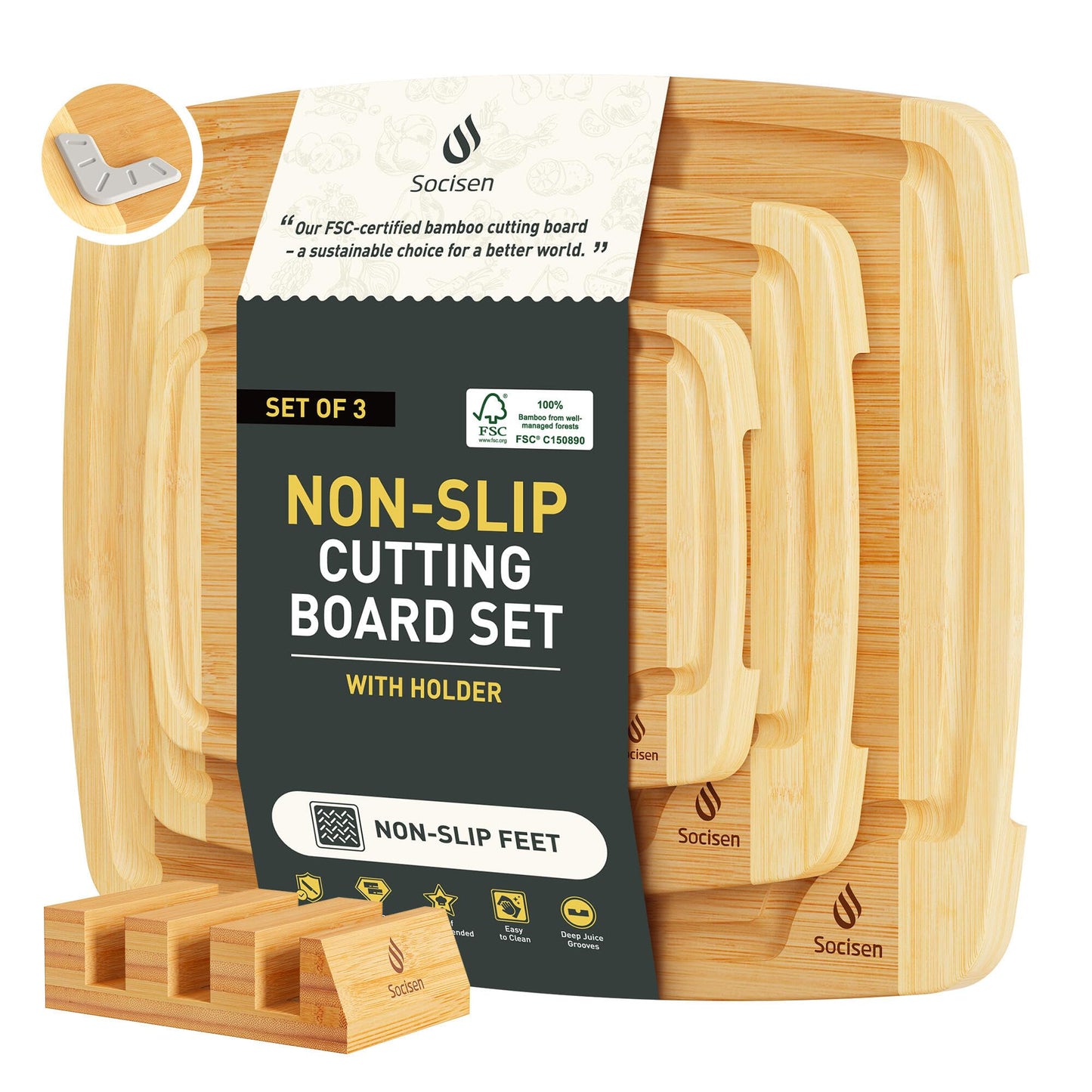 Bamboo Cutting Board Set Non Slip Feet with Holder Over Sink