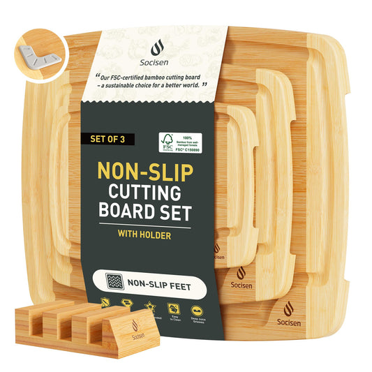 Bamboo Cutting Board Set Non Slip Feet with Holder Over Sink