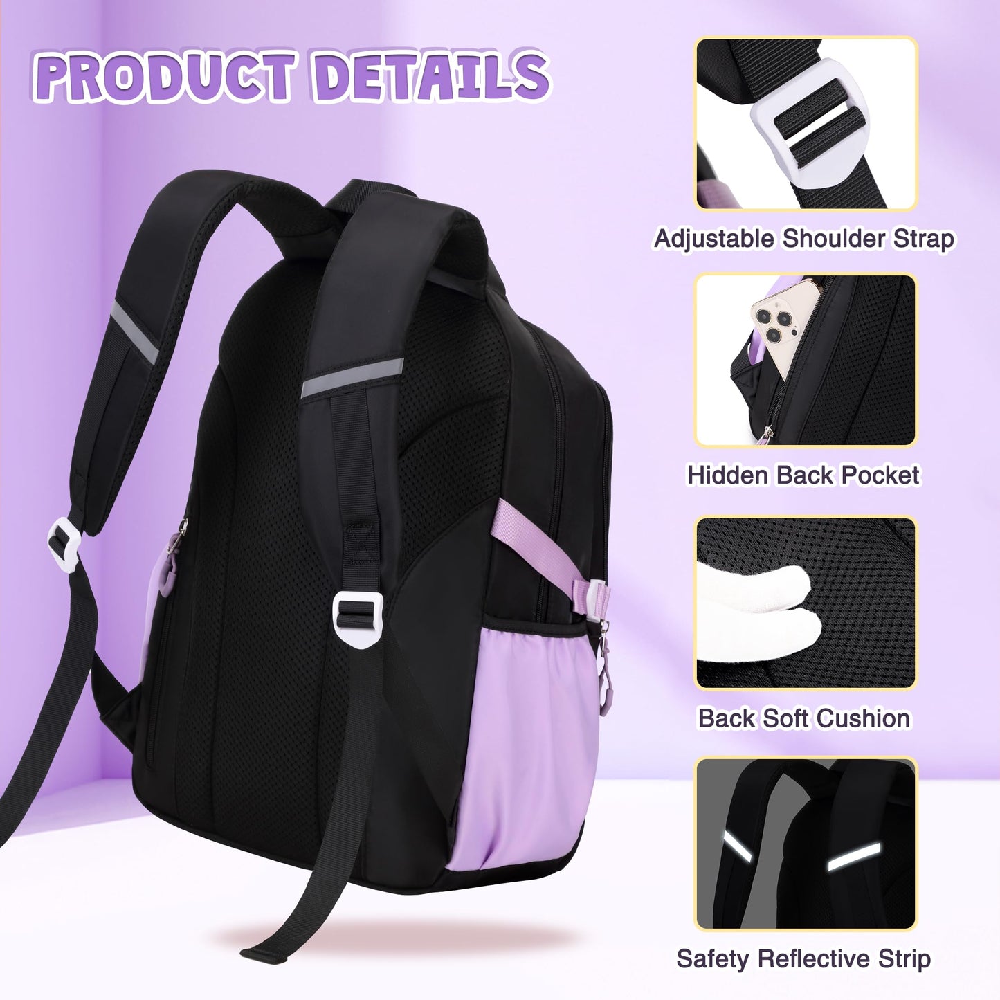 DIGOBAY Girls Backpack, School Backpack for Girls with Lunch Box Pencil Case Set for Teen Kids Girl Elementary Primary Middle High College School Bookbag with Cute Pins Blackpruple