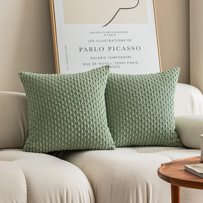 2 Packs Throw Pillow Covers Corduroy, Decorative Lumbar Pillow Covers, JOMWEN Super Soft Boho Striped Cushion Covers for Couch Bed Sofa Livingroom (Sage Green, 45 x 45 cm)