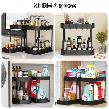 2 Pack Multi-Purpose Pull-Out Storage Organizers, Under Sink Organizers and Storage for Bathroom & Kitchen, Under Cabinet Organizers and storage, 14.8 Inch, Black