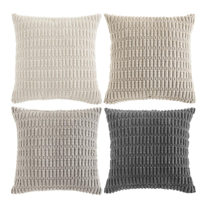 Fancy Homi Set of 4 Grey and White Decorative Throw Pillow Covers 18x18 Inch for Couch Bed Chair, Modern Farmhouse Boho Room Decor, Soft Fuzzy Double Sided Corduroy Textured Striped Cushion Case 45cm