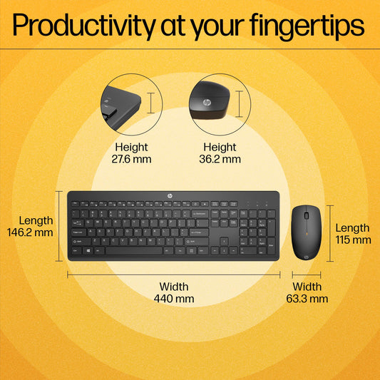 HP 230 Wireless Mouse and Keyboard Combo with Lag Free Wireless 2.4GHz, Long Lasting Battery - 16months, Up to 1600 DPI Mouse Precision, Quiet Keys and clicks, Black, 18H24AA