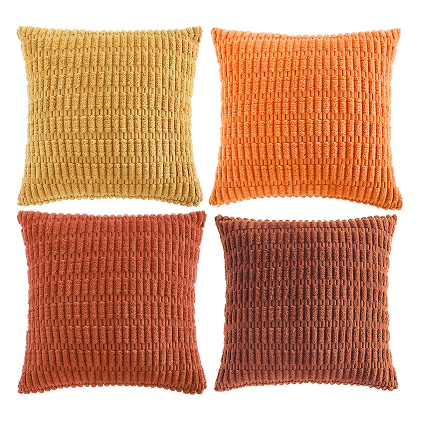 Fancy Homi Set of 4 Burnt Orange Fall Decorative Throw Pillow Covers 18x18 Inch for Couch Bed Chair, Modern Farmhouse Boho Room Decor, Soft Fuzzy Corduroy Textured Striped Cushion Case 45cm