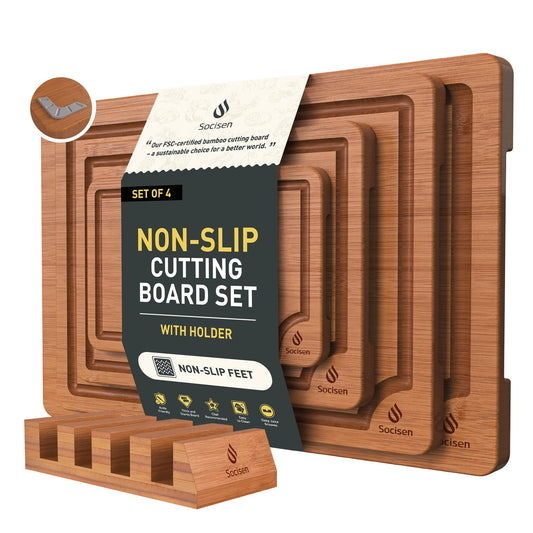 Bamboo Cutting Board Set Non Slip Feet with Holder ideal for gift