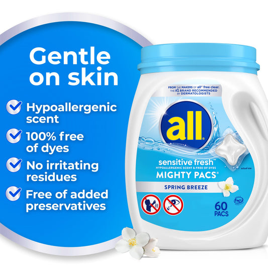 all Sensitive Fresh Mighty Pacs Laundry Detergent Pacs, Hypoallergenic Spring Breeze Scent, Gentle for Sensitive Skin, 60 Count, HE Compatible