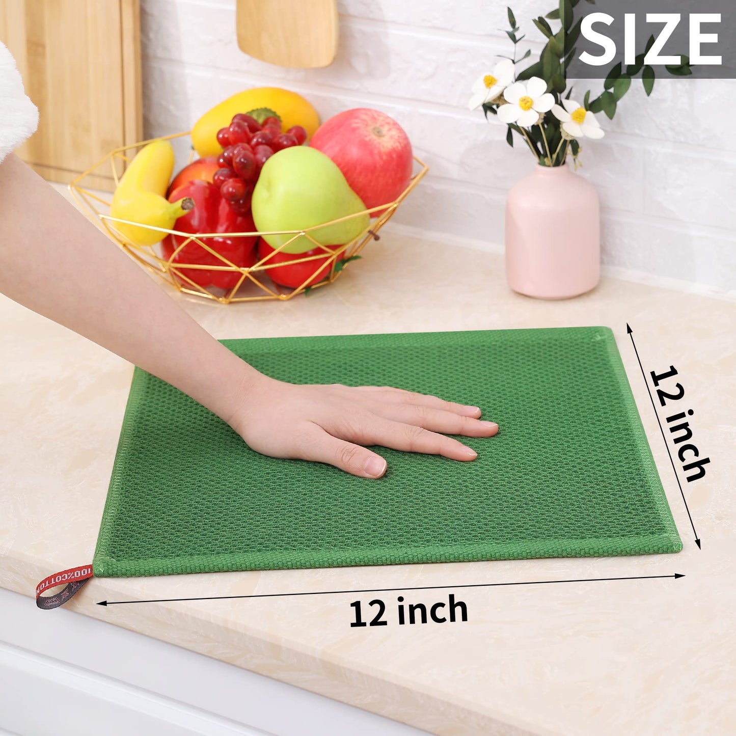 100% Cotton Waffle Weave Kitchen Dish Cloths, Ultra Soft Absorbent Quick Drying Dish Towels, 12 x 12 Inches, 12-Pack, Grass Green