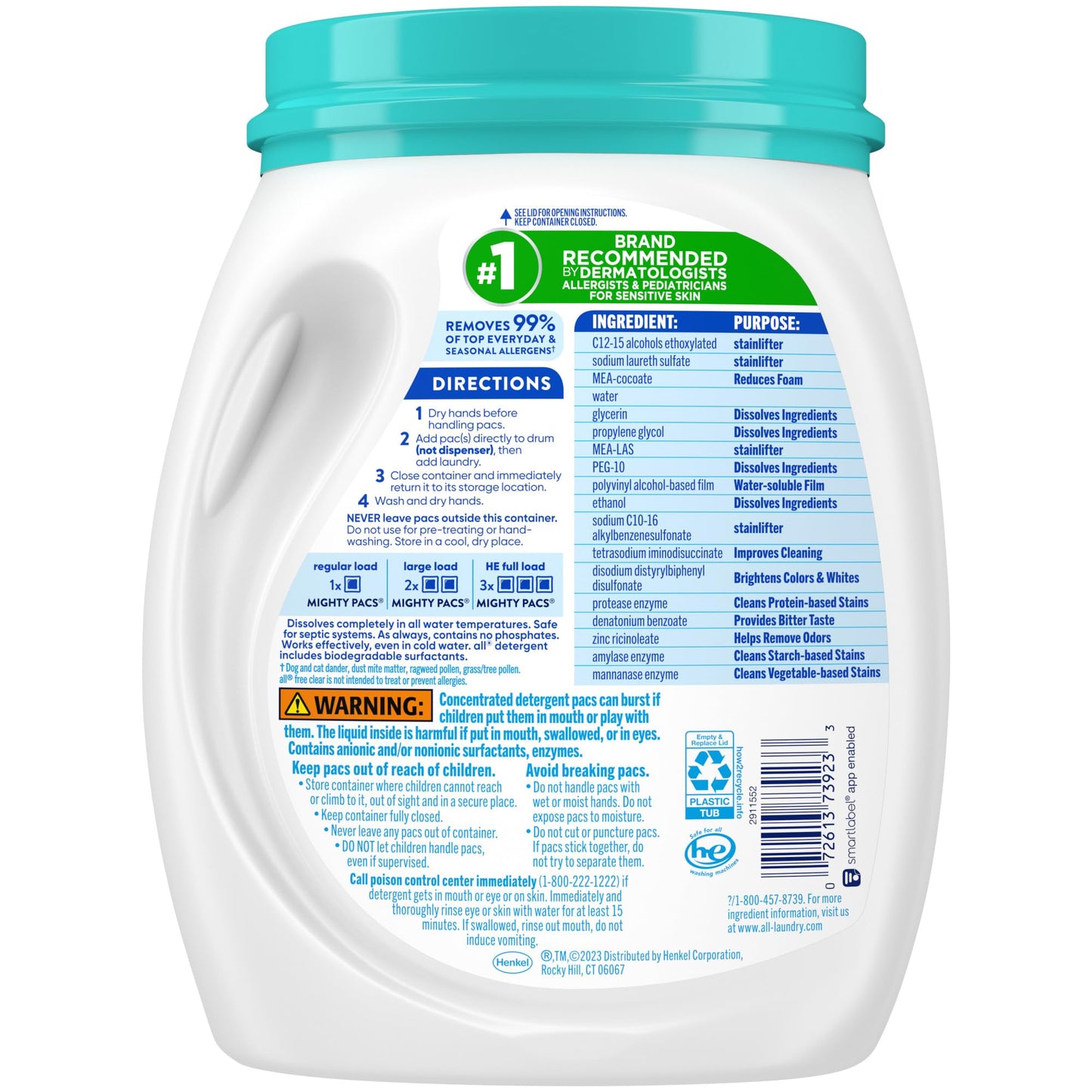 All Mighty Pacs Laundry Detergent Free Clear Odor Relief, Tub, 56 Count