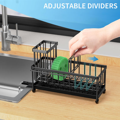 Sponge Holder for Kitchen Sink with Towel Rack, Sink Caddy with Kitchen High Brush Holder, Organzier Rustproof 304 Stainless Steel Dish Organizer Divider, Soap Dispenser Storage