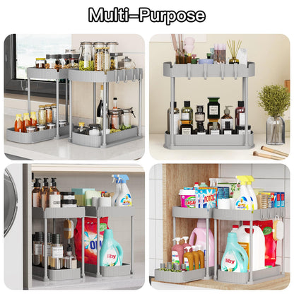 2 Pack Multi-Purpose Pull-Out Storage Organizers, Under Sink Organizers and Storage for Bathroom & Kitchen, Under Cabinet Organizers and storage, 14.8 Inch, Grey