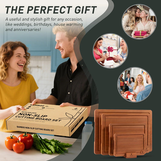 Bamboo Cutting Board Set Non Slip Feet with Holder ideal for gift