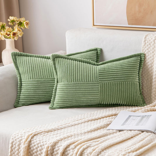 2 Packs Throw Pillow Covers Corduroy,Decorative Lumbar Pillow Covers, JOMWEN Super Soft Boho Striped Cushion Covers for Couch Bed Sofa Livingroom (Sage Green, 50 x 30 cm)