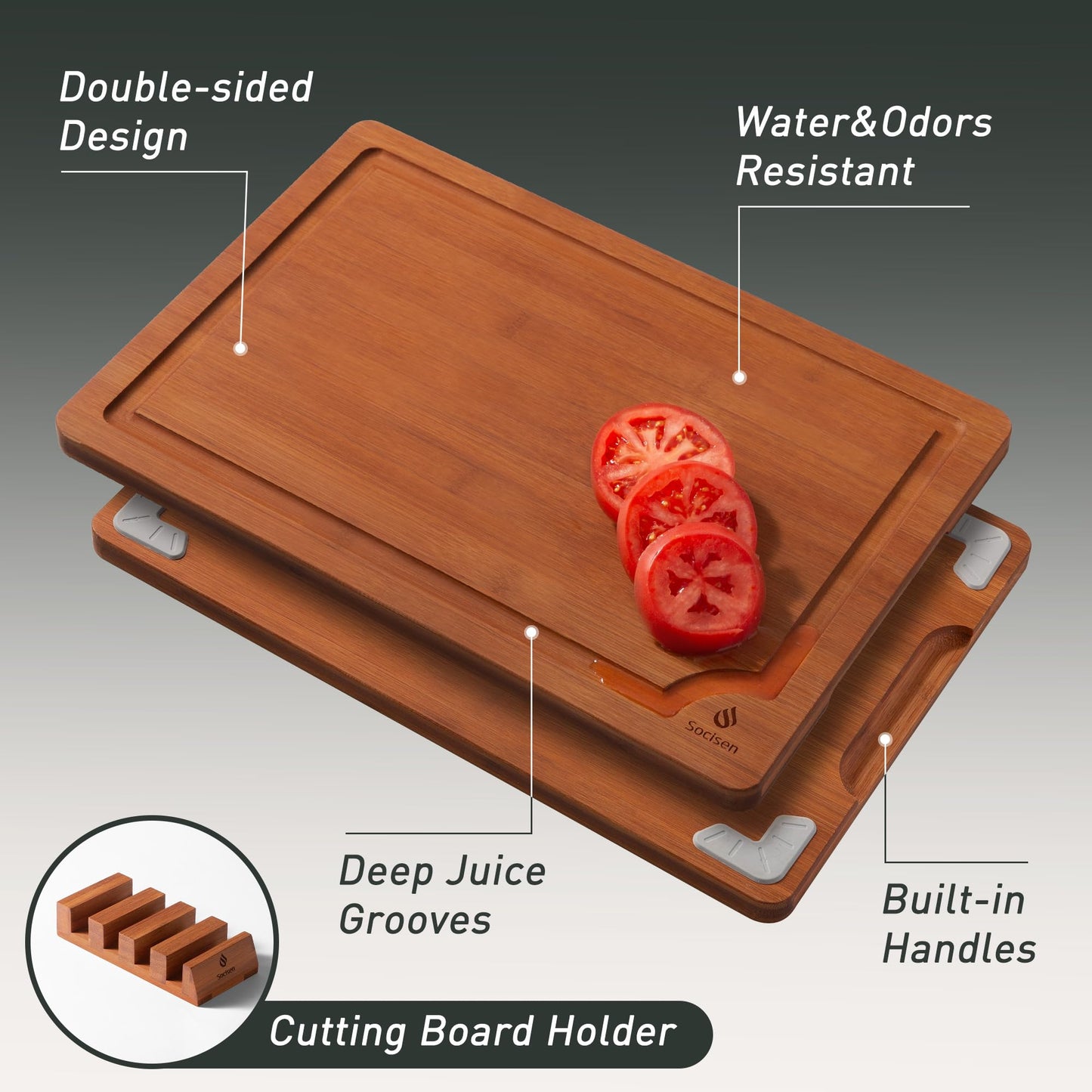 Bamboo Cutting Board Set Non Slip Feet with Holder ideal for gift