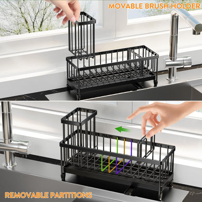 Extra Large Black Sponge Holder for Kitchen Sink, Sink Caddy Organizer with High Brush Holder, Kitchen Countertop Organizers and Storage Essentials, Rustproof 304 Stainless Steel