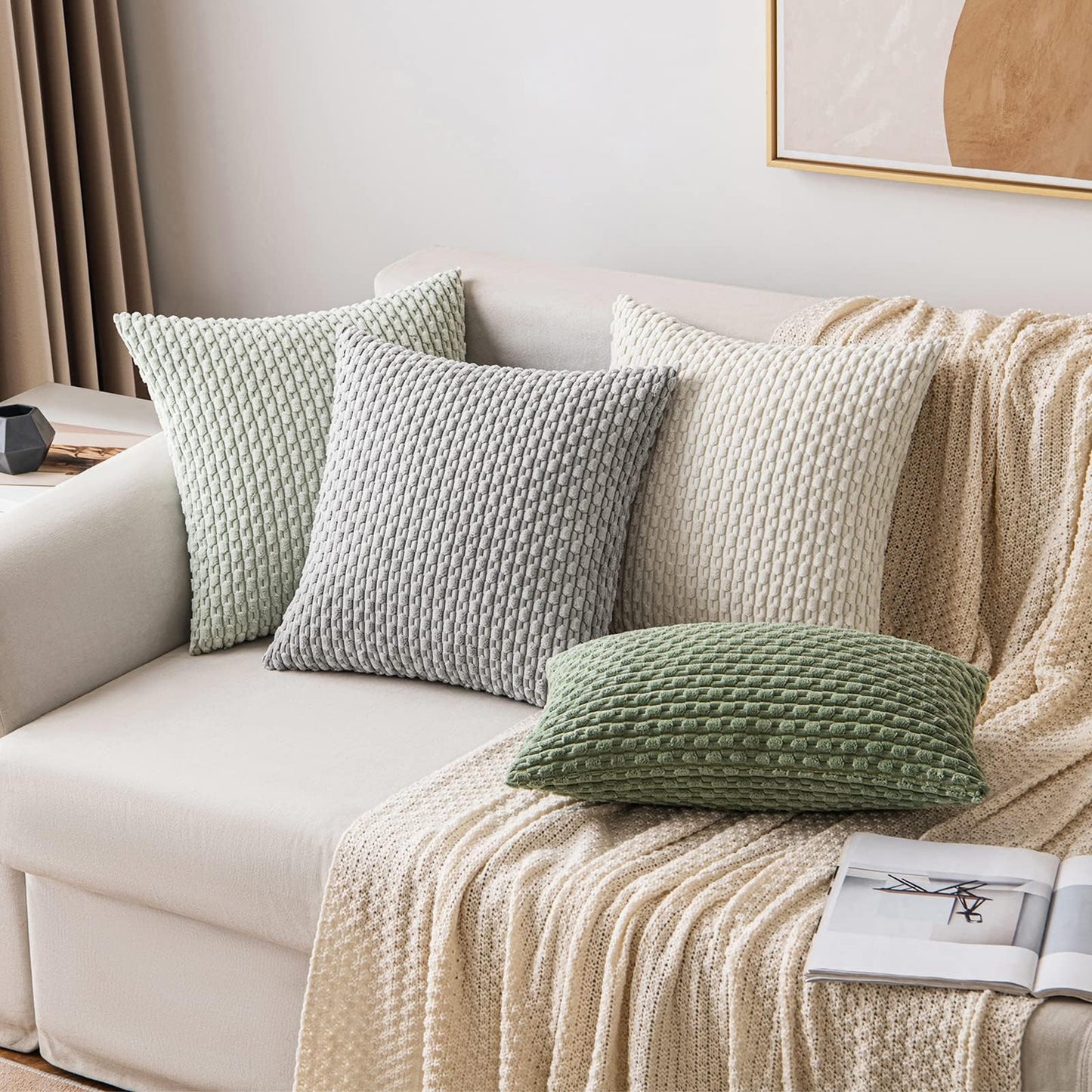 2 Packs Throw Pillow Covers Corduroy, Decorative Lumbar Pillow Covers, JOMWEN Super Soft Boho Striped Cushion Covers for Couch Bed Sofa Livingroom (Beige, 45 x 45 cm)