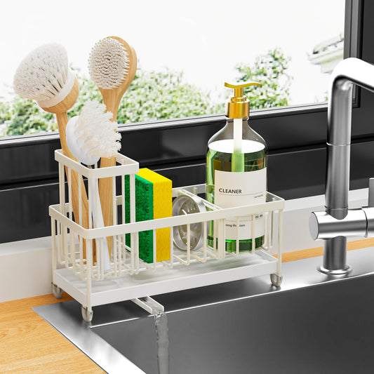 Cream Sponge Holder for Kitchen Sink, Sink Caddy Organizer with High Brush Holder, Kitchen Countertop Organizers and Storage Essentials, Rustproof 304 Stainless Steel, Soap Dispenser Organize