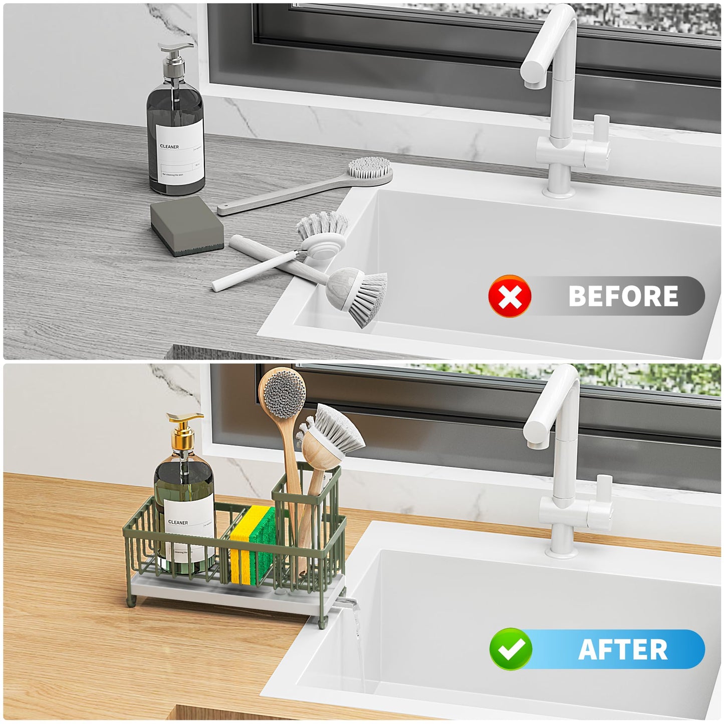 Sage Green Sponge Holder for Kitchen Sink, Sink Caddy Organizer with High Brush Holder, Kitchen Countertop Organizers and Storage Essentials, Rustproof 304 Stainless Steel, Soap Dispenser
