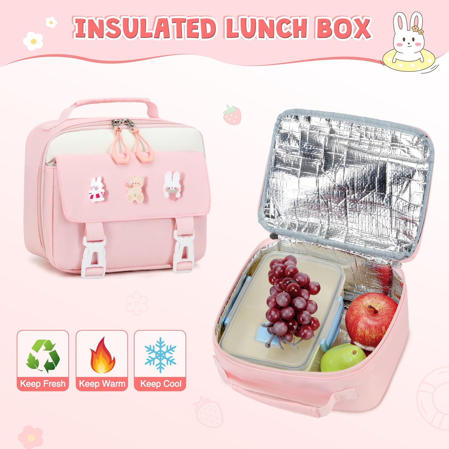 DIGOBAY Girls Backpack, School Backpack for Girls with Lunch Box Pencil Case Set for Teen Kids Girl Elementary Primary Middle High College School Bookbag with Cute Pins Pink