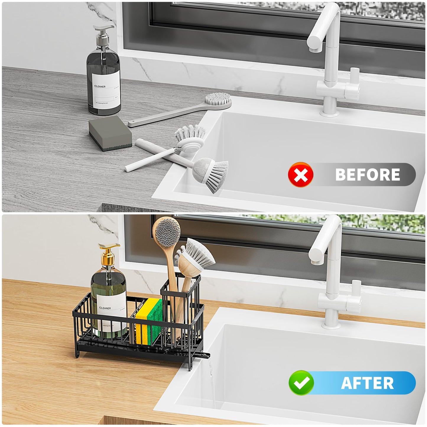 Black Sponge Holder for Kitchen Sink, Sink Caddy Organizer with High Brush Holder, Kitchen Countertop Organizers and Storage Essentials, Rustproof 304 Stainless Steel, Soap Dispenser Organize