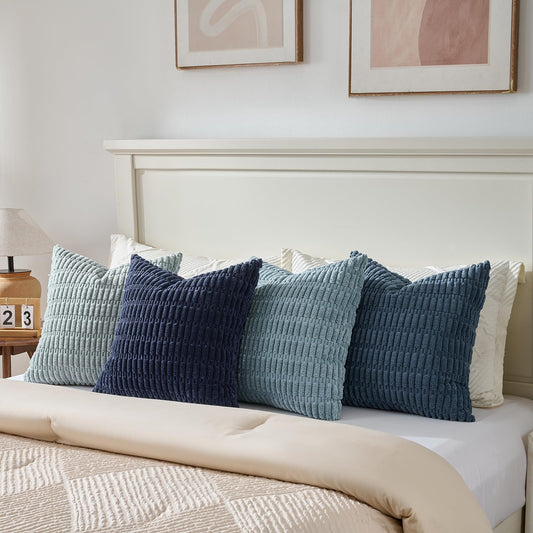 Fancy Homi Set of 4 Blue Decorative Throw Pillow Covers 18x18 Inch for Couch Bed Chair, Modern Farmhouse Boho Room Decor, Soft Fuzzy Corduroy Textured Striped Coastal Blue Cushion Case 45cm