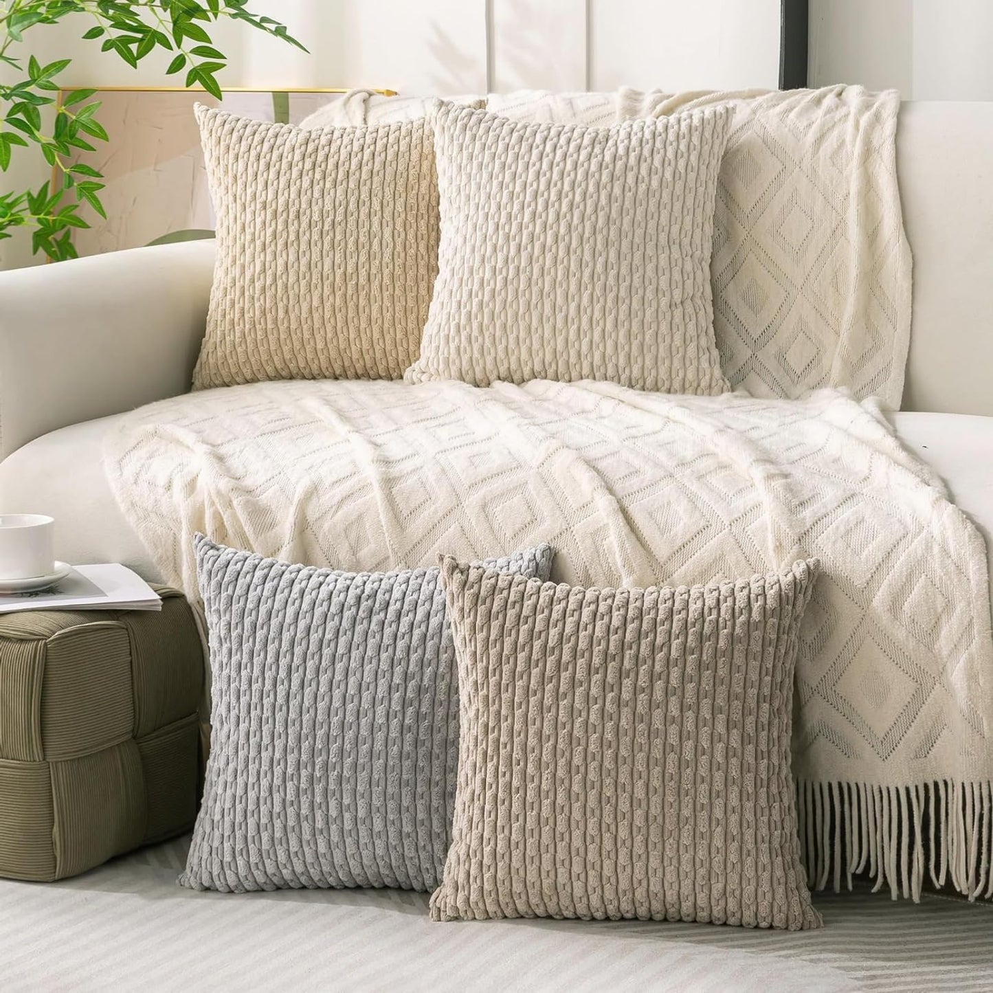 4 Packs Throw Pillow Covers Corduroy, Decorative Lumbar Pillow Covers, JOMWEN Super Soft Boho Striped Cushion Covers for Couch Bed Sofa Livingroom (Neutral, 45 x 45 cm)