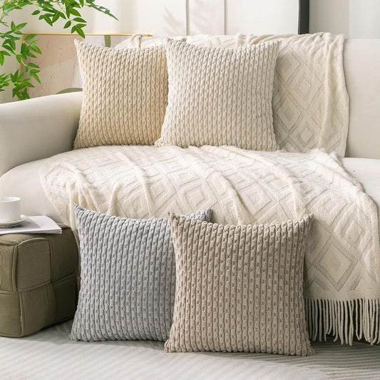 4 Packs Throw Pillow Covers Corduroy, Decorative Lumbar Pillow Covers, JOMWEN Super Soft Boho Striped Cushion Covers for Couch Bed Sofa Livingroom (Neutral, 45 x 45 cm)
