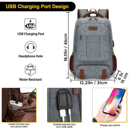Tzowla Canvas Laptop Backpack Men,Bag for Women,School Travel College Work Rucksack Fits 15.6 Inch Laptop,Bookbag with USB Charging Port,Light Grey