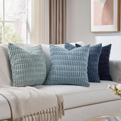 Fancy Homi Set of 4 Blue Decorative Throw Pillow Covers 18x18 Inch for Couch Bed Chair, Modern Farmhouse Boho Room Decor, Soft Fuzzy Corduroy Textured Striped Coastal Blue Cushion Case 45cm