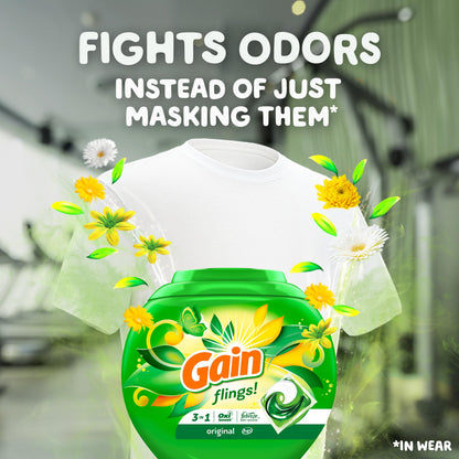 Gain Flings Laundry Detergent Pacs, Original Scent, 3 in 1 HE Detergent Pacs with Oxi Boost and Febreeze, 42 Count