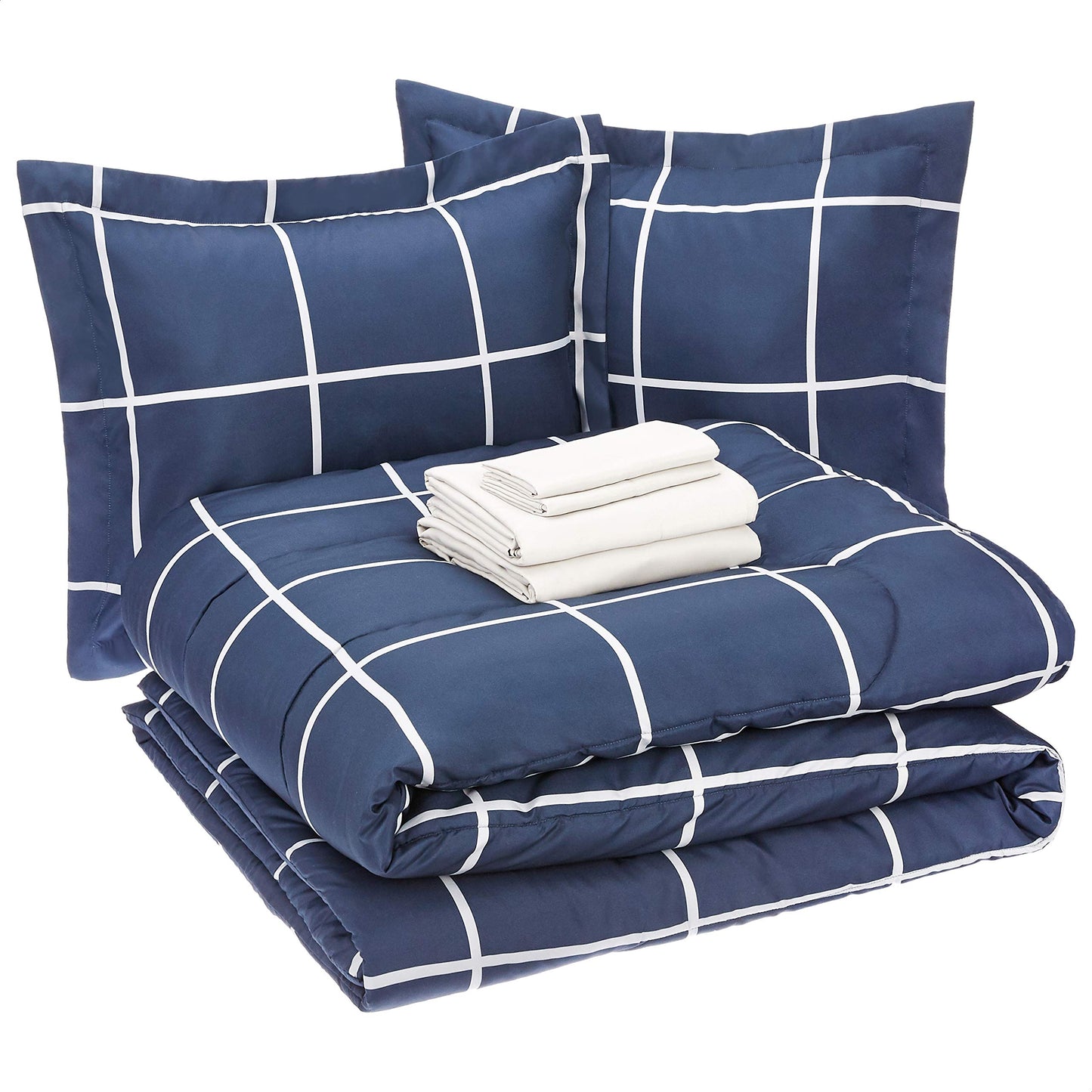 7-Piece Lightweight Microfiber Bed-in-a-Bag Comforter Bedding Set - King, Navy with Simple Plaid