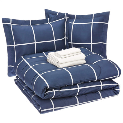 7-Piece Lightweight Microfiber Bed-in-a-Bag Comforter Bedding Set - King, Navy with Simple Plaid