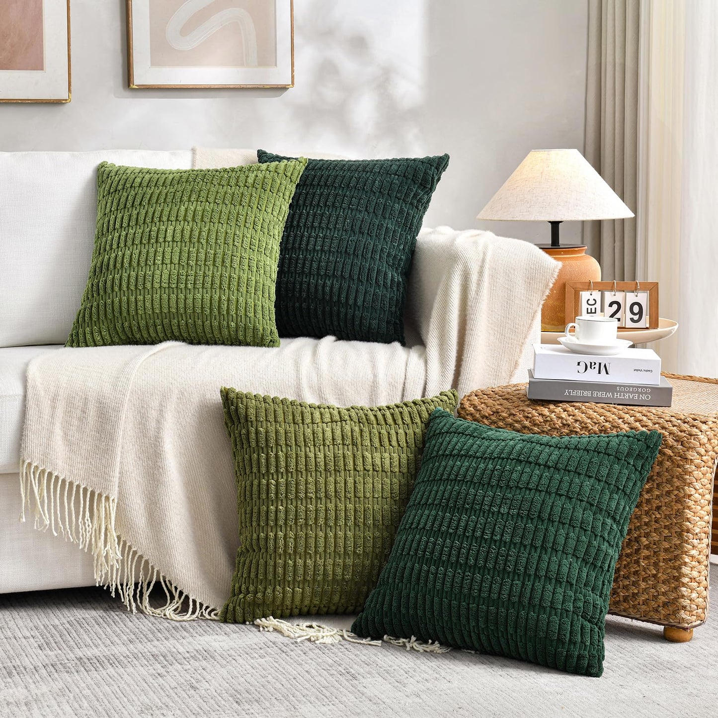 Fancy Homi Set of 4 Green Boho Decorative Throw Pillow Covers 18x18 Inch for Couch Bed Sofa, Aesthetic Modern Bohemian Room Decor, Soft Fuzzy Fluffy Cozy Corduroy Cushion Case 45x45cm