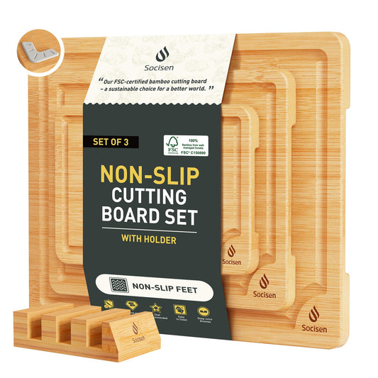 Bamboo Cutting Board Set Non Slip Feet with Holder Over Sink Kitchen Gadgets Gifts