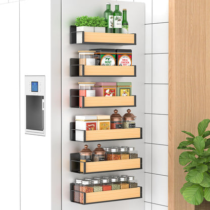 6 Pack Magnetic Spice Storage Rack Organizer for Refrigerator and Oven, Wood Fridge Organizers and Storage