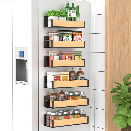 6 Pack Magnetic Spice Storage Rack Organizer for Refrigerator and Oven, Wood Fridge Organizers and Storage