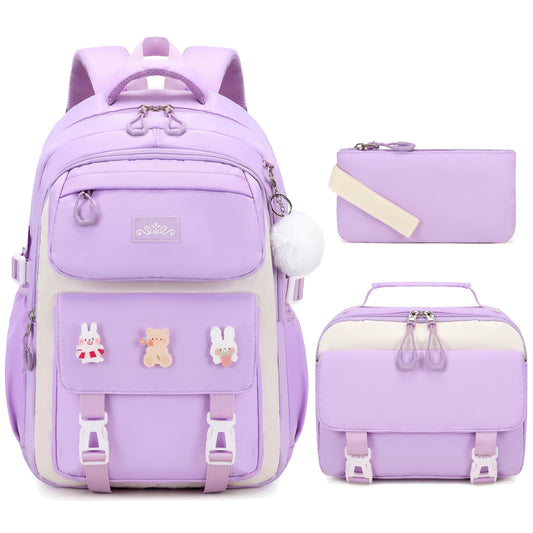 DIGOBAY Girls Backpack, School Backpack for Girls with Lunch Box Pencil Case Set for Teen Kids Girl Elementary Primary Middle High College School Bookbag with Cute Pins Purple