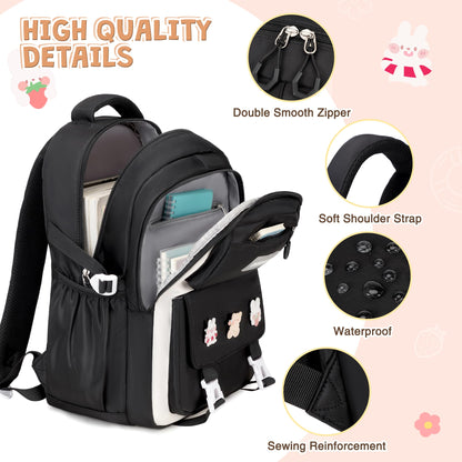 DIGOBAY Girls Backpack Set for School, Kids Backpack for Girls with Lunch Box Pencil Case, Black-beige, Modern