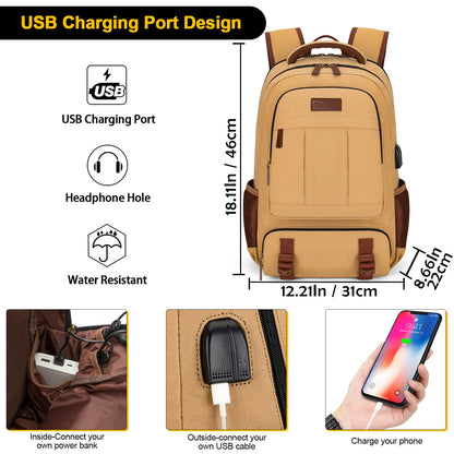 Tzowla Canvas Laptop Backpack, Bag for Men Women,Travel Work Rucksack Fits 15.6 Inch Laptop,Bookbag with USB Charging Port-Yellow