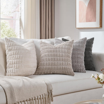 Fancy Homi Set of 4 Grey and White Decorative Throw Pillow Covers 18x18 Inch for Couch Bed Chair, Modern Farmhouse Boho Room Decor, Soft Fuzzy Double Sided Corduroy Textured Striped Cushion Case 45cm