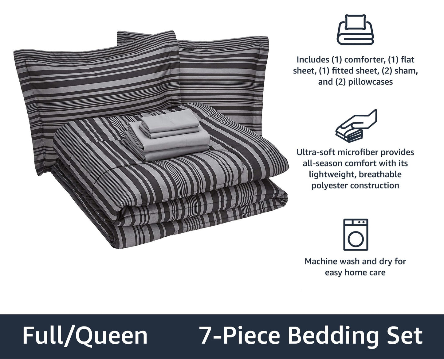 7-Piece Lightweight Microfiber Bed-in-a-Bag Comforter Bedding Set - Full/Queen, Gray Calvin Stripe