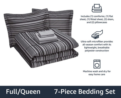 7-Piece Lightweight Microfiber Bed-in-a-Bag Comforter Bedding Set - Full/Queen, Gray Calvin Stripe