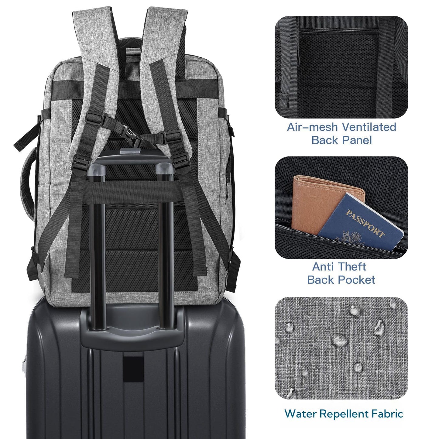 Carry On Backpack, Extra Large 40-50L Travel Backpack for Men & Women, Expandable Backpack For Airplanes, 17 Inch Laptop Backpack, Luggage Backpack 40L Daypack Lightweight Business Weekender Bag, Grey