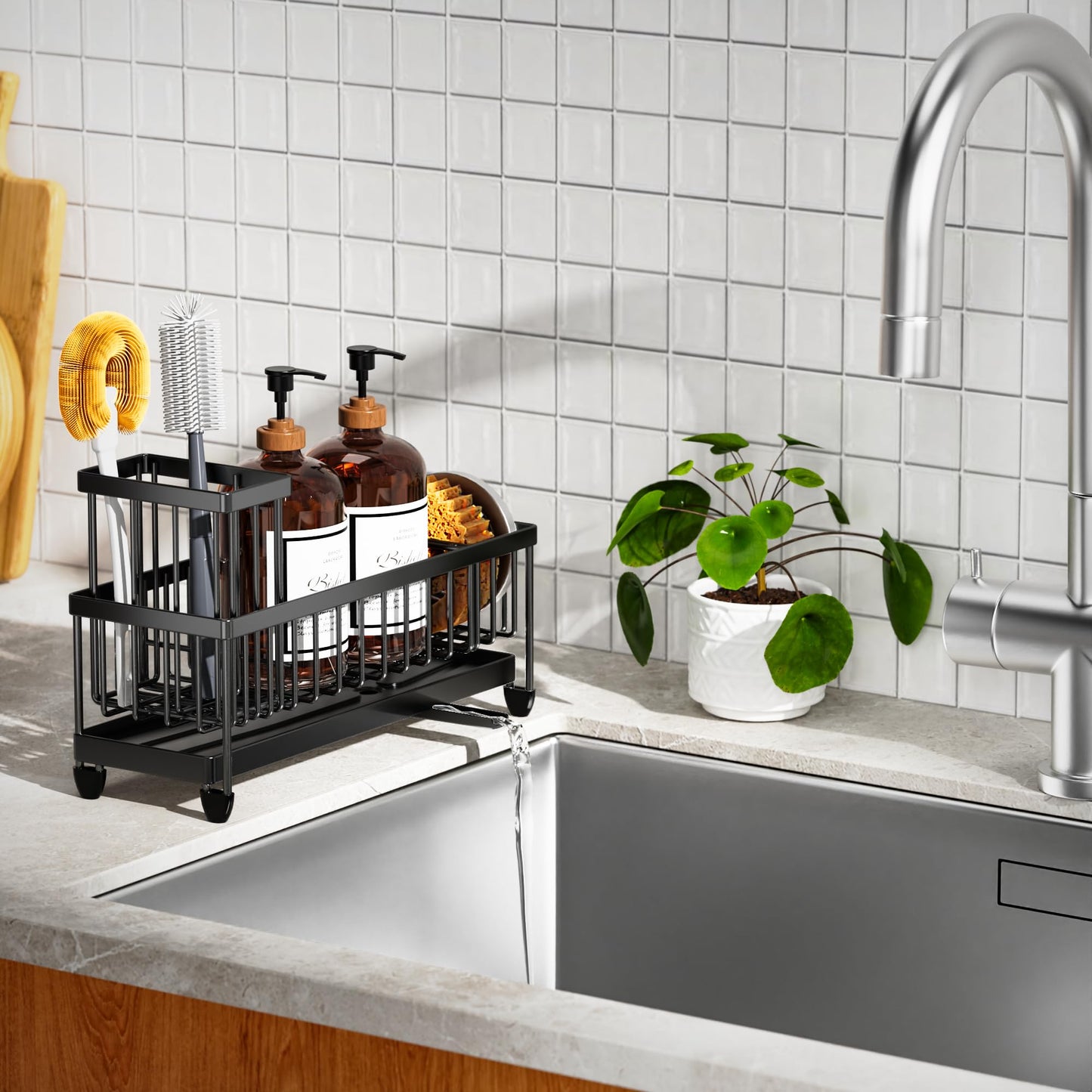 Extra Large Black Sponge Holder for Kitchen Sink, Sink Caddy Organizer with High Brush Holder, Kitchen Countertop Organizers and Storage Essentials, Rustproof 304 Stainless Steel